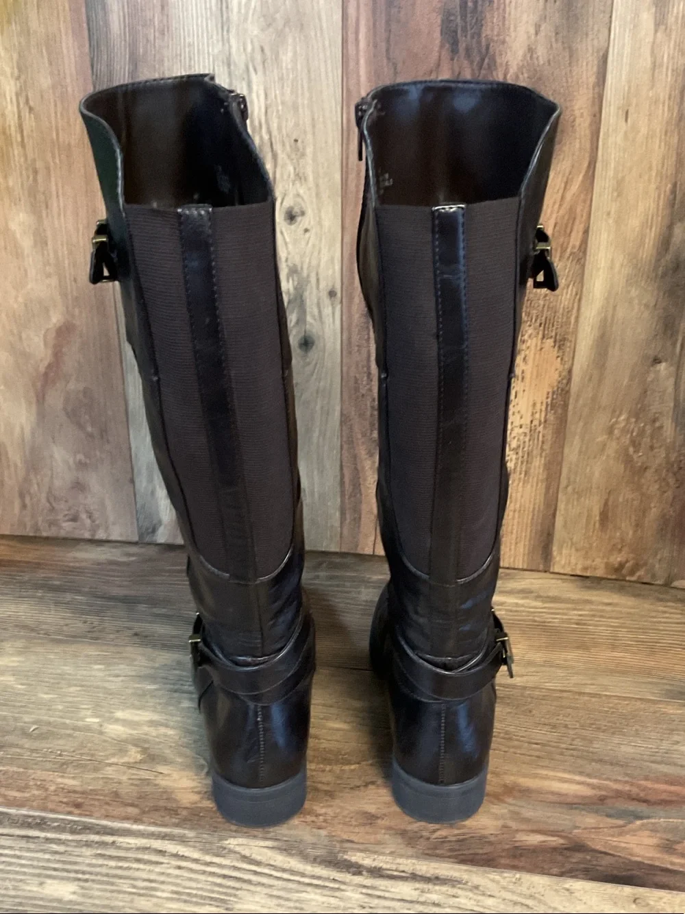 Yuu Tall Brown Leather Riding Strappy Boots 9M      F342
